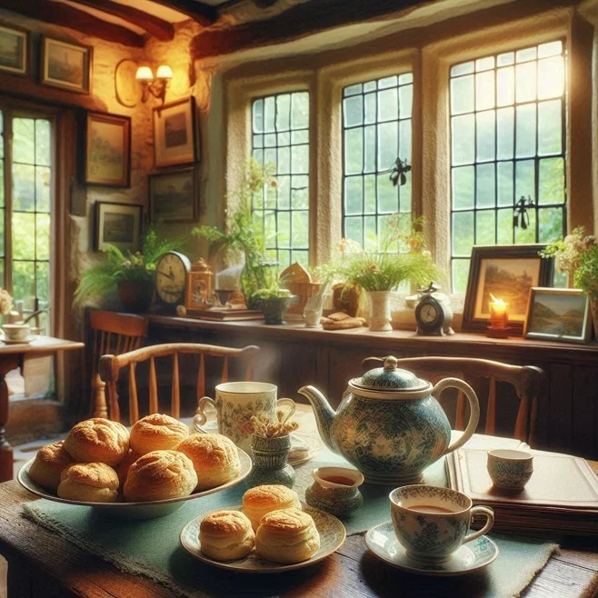 Gedeckter Tisch einer englischen Teezeit mit Tee, Kuchen, Früchten, Kerzen und Blumen