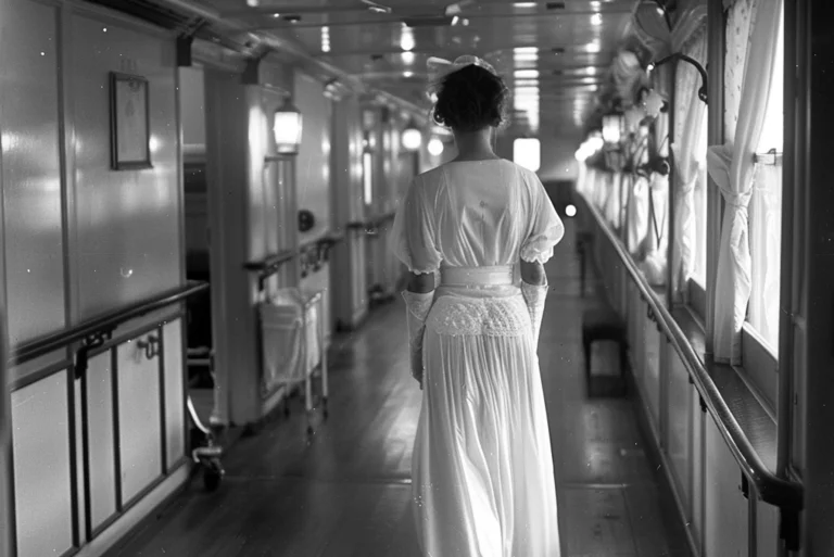 Schwarzweißbild einer Frau im Gang eines Kreuzfahrtschiffes