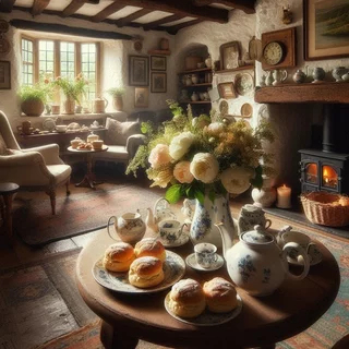 Gedeckter Frühstückstisch mit Tee, Früchten, Kuchen und Kerzen