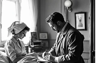 Symbolbild in Schwarzweiß Arzt und Krankenschwester im Behandlungsraum