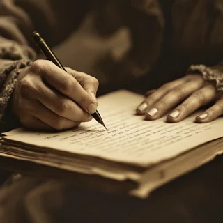 Schriftstellerin am Schreibtisch, gekleidet wie im 20. Jahrhundert, Bild in schwarzweißer Farbe