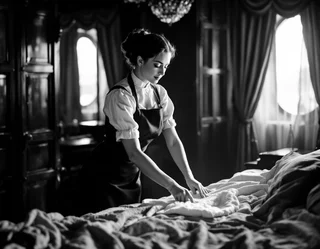 Symbolbild in Schwarzweiß von einer Schiffstewardess beim Aufräumen einer Kabine