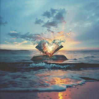 Symbolbild eines aufgeklappten Buches , das auf dem Meer liegt und ein Herz aus Wasser in den aufgeschlagenen Seiten beinhaltet